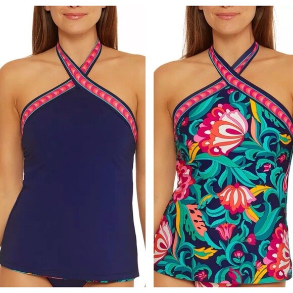 Trina Turk India Garden Reversible Halter Tankini Top Sz 2 New - Picture 1 of 11